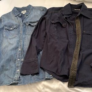 Two button down shirts J Crew snap denim & Gimmicks dark blue/metallic accents S